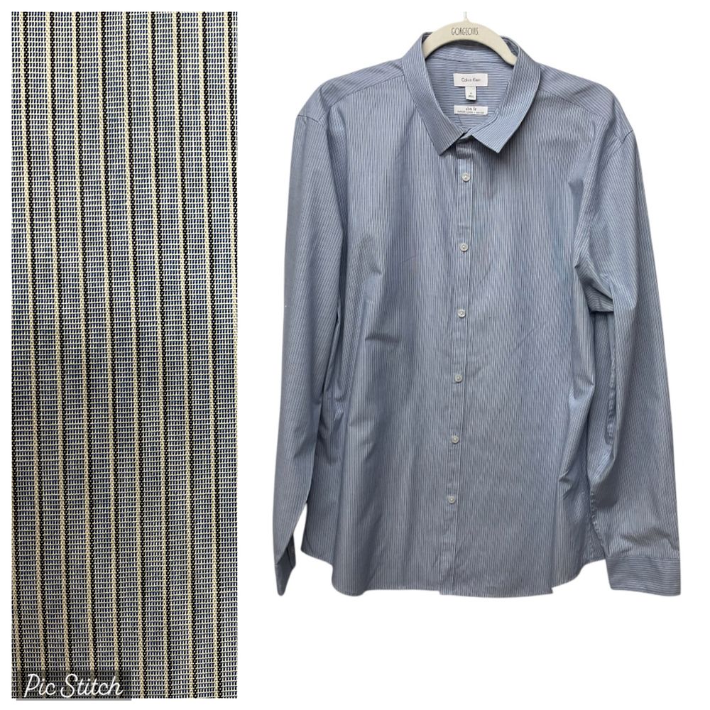 Calvin Klein Slim Fit Button Down Shirt Sz Xl Blue Black Pinstripe Non Iron Work